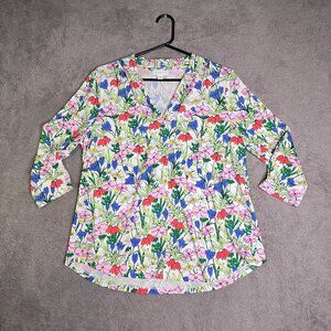 Charter Club Shirt Women's Petite L Floral Art Stretch 3/4 Sleeve Tunic Top